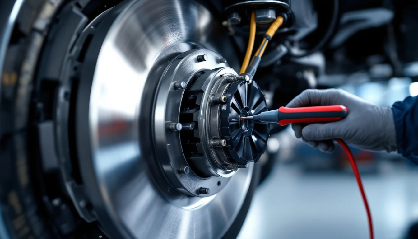 Technician probing a wheel speed sensor connector at the hub with the brake rotor exposed