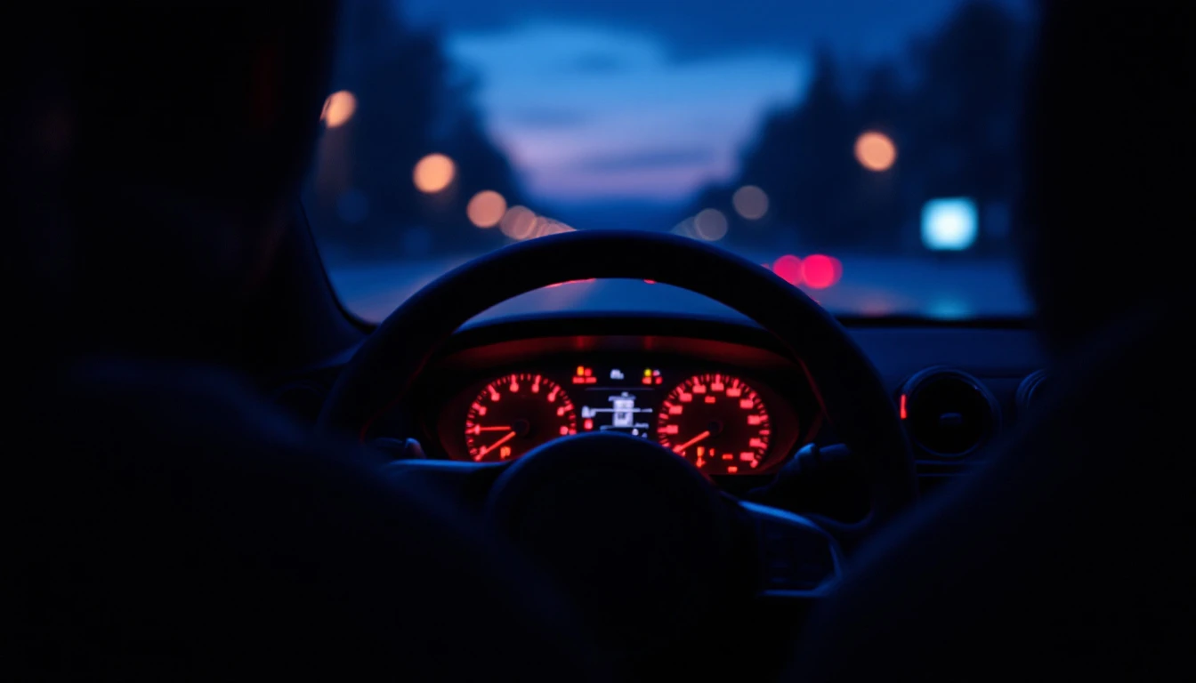 Dim view over a driver shoulder of a car instrument cluster glowing with multiple red and amber warning indicators at dusk