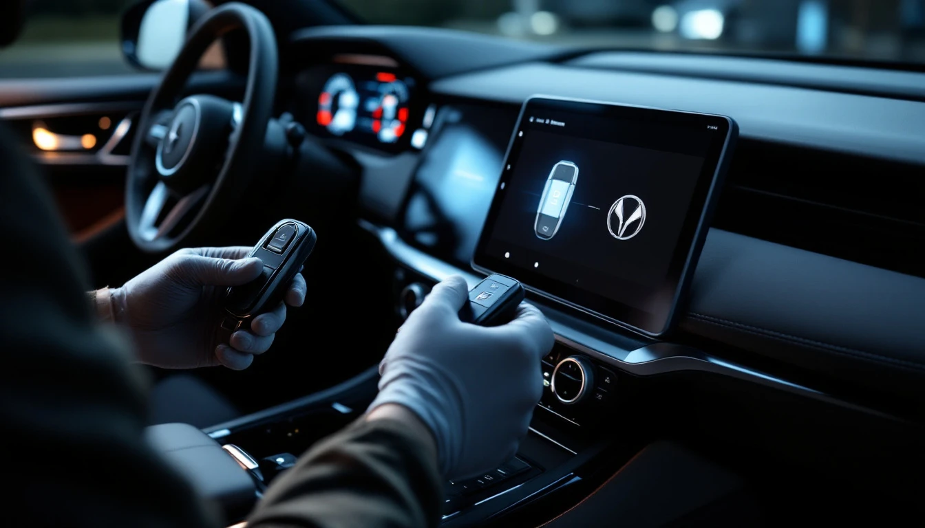 Cadillac proximity smart key and transponder key laid out with a mobile programming tool on a Fort Worth driveway