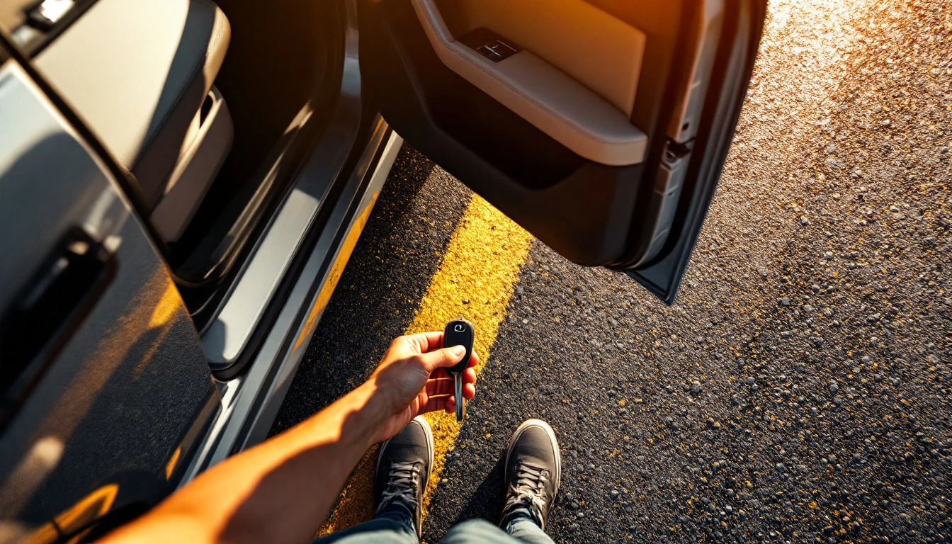 Driver holding a key beside an open door of a car parked in bright afternoon sun on hot pavement