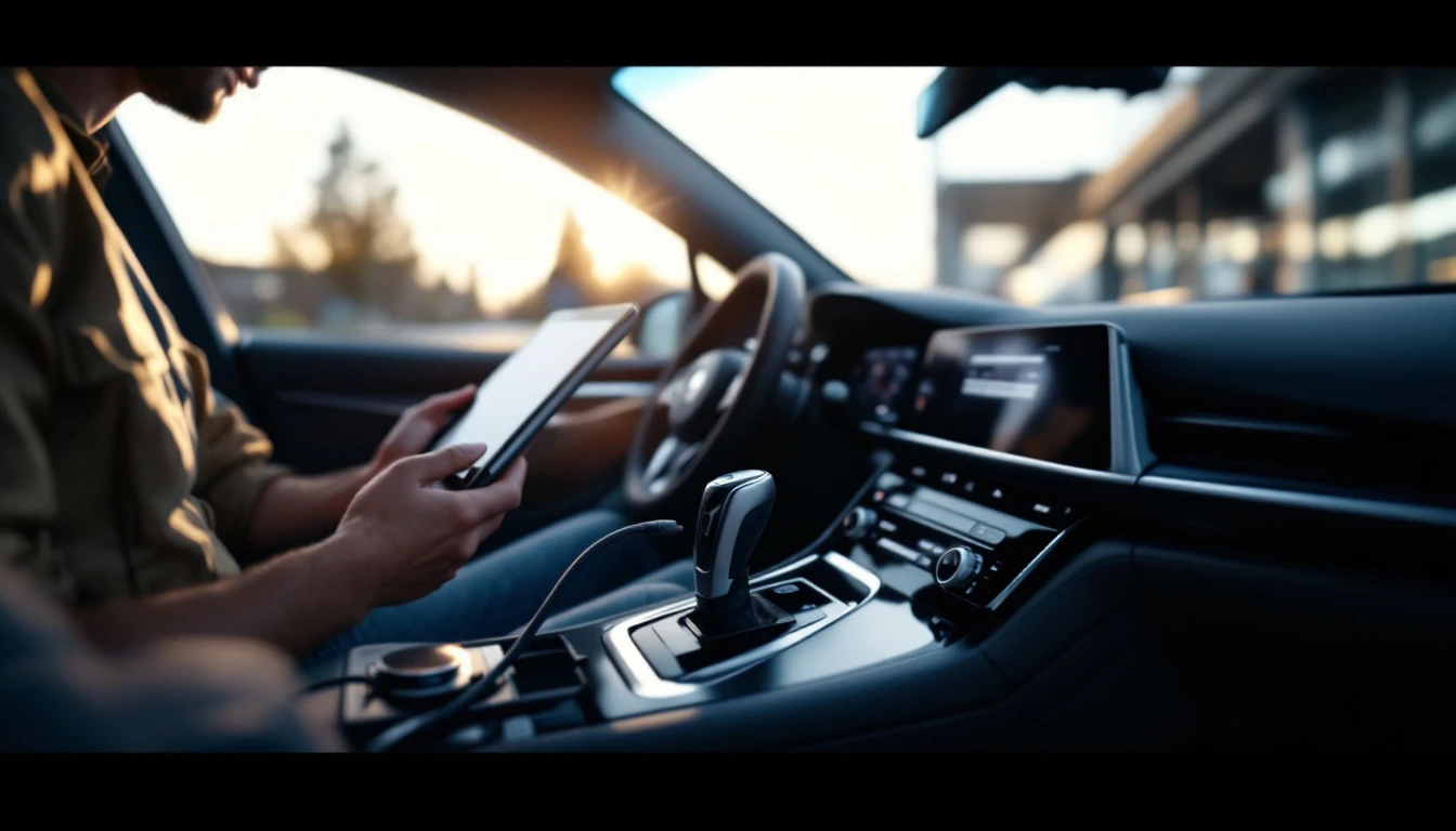 Close view of a vehicle gear selector in park with a technician holding a diagnostic tablet in the passenger seat