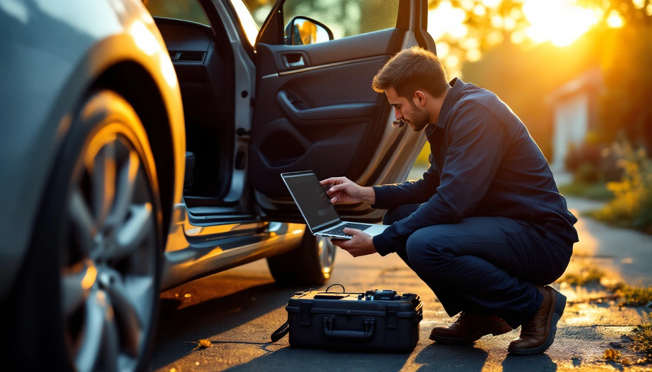 Independent mobile locksmith programming a control module beside a vehicle in a Fort Worth driveway