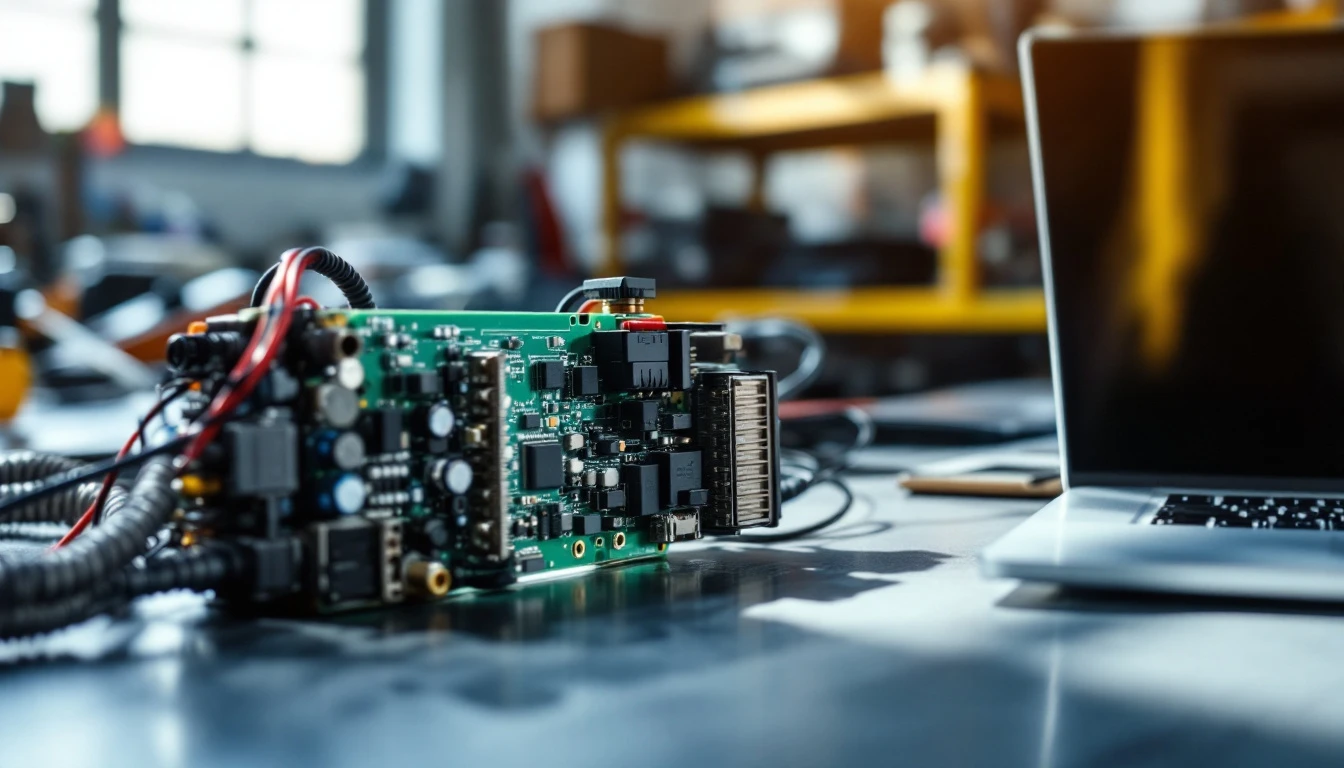 Ram Cummins diesel PCM module on a workbench beside a diagnostic programmer during VIN programming in Fort Worth, Texas