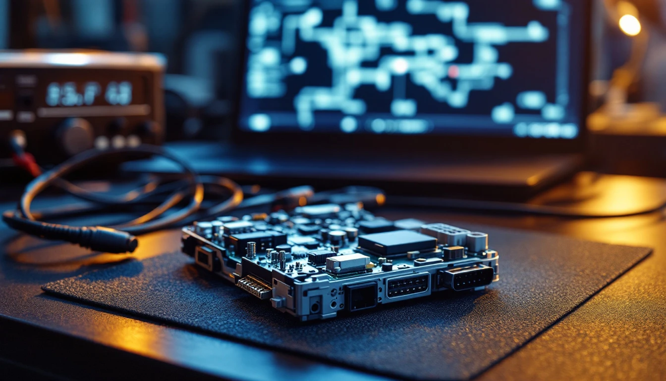 Engine control unit circuit board with its cover removed resting on an anti-static mat beside a bench power supply and a laptop