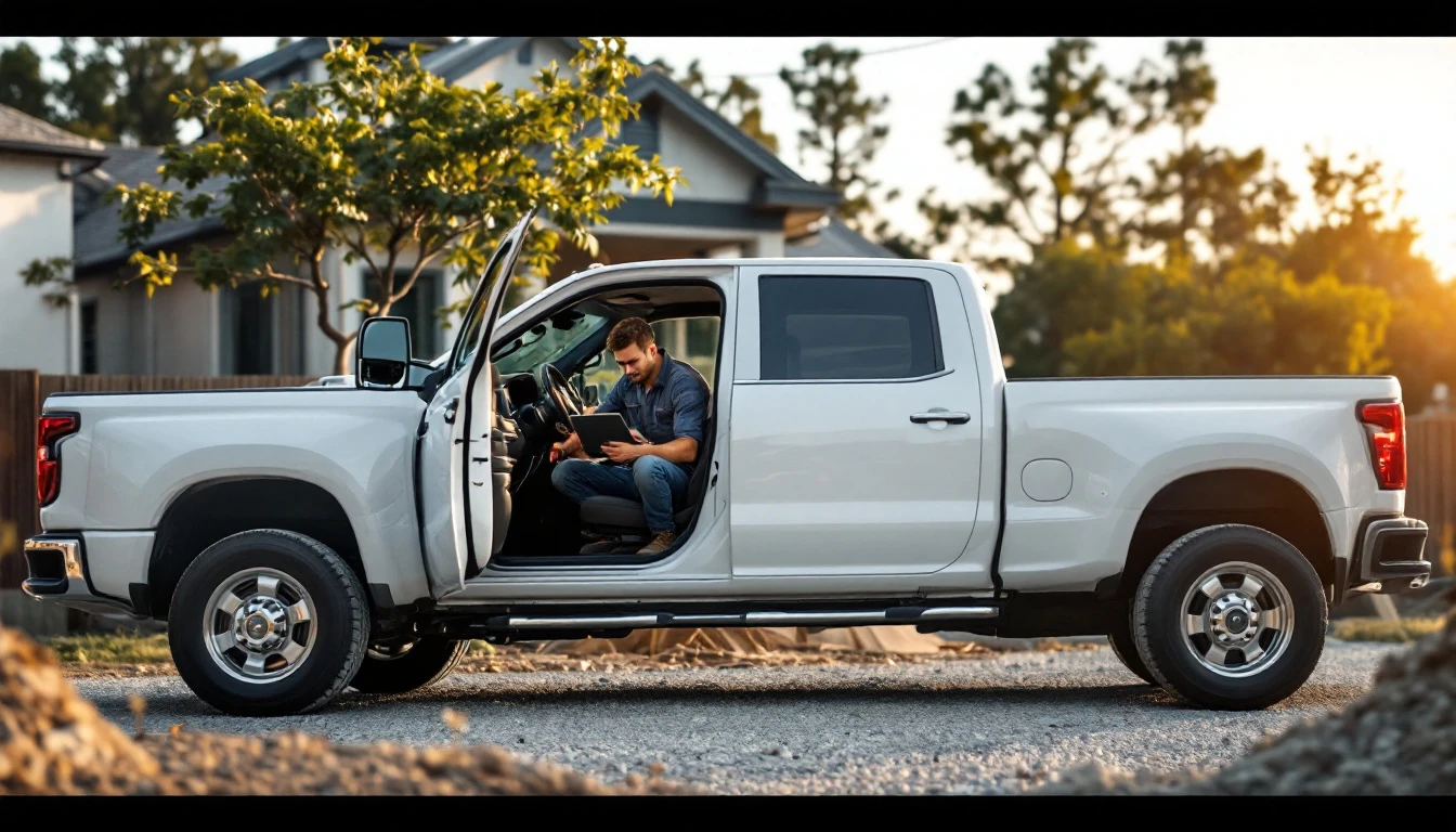 Heavy-duty pickup on a job site with a technician working at the open driver door and a laptop on the seat