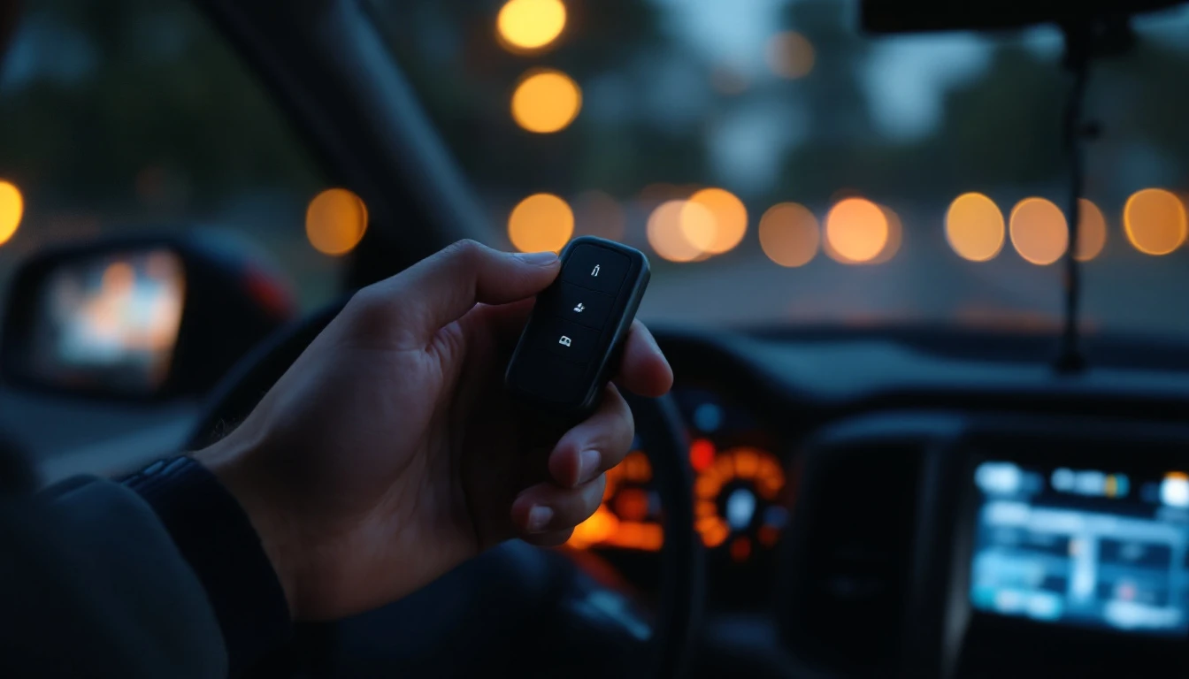 Hand holding a black smart key fob against the side of a steering column inside a pickup truck cabin at dusk