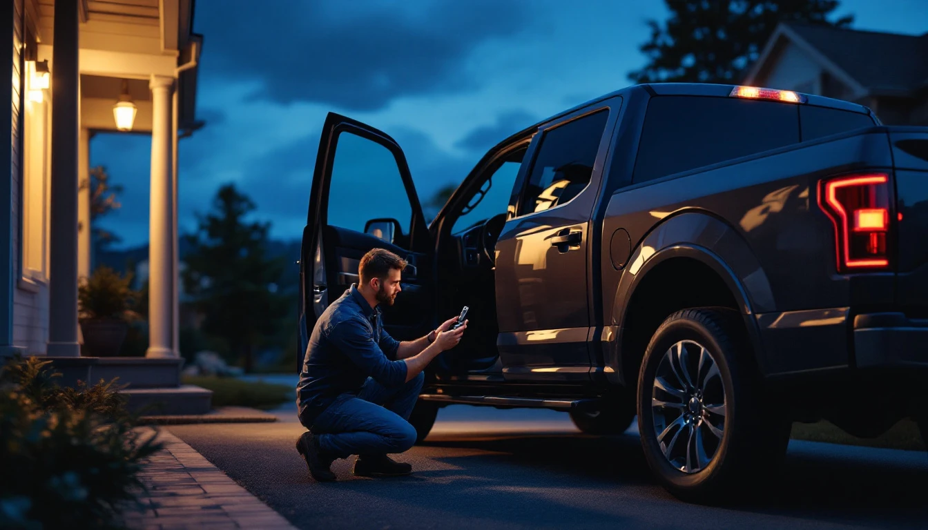 Technician kneeling at the open door of a dark grey pickup truck at dusk holding a remote key fob and a handheld key programmer