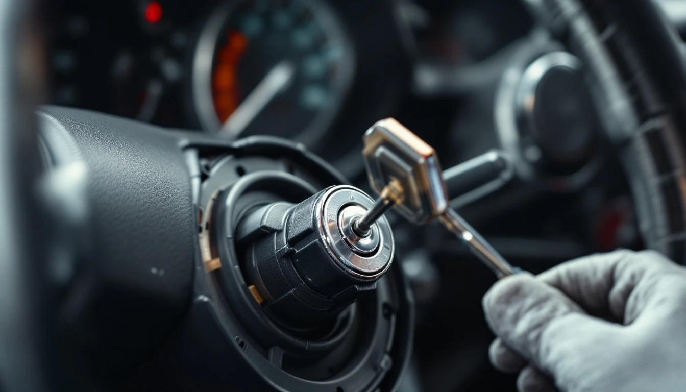 Close-up of an ignition lock cylinder on a steering column with the cover removed, a key in the slot and a gloved hand holding a tool