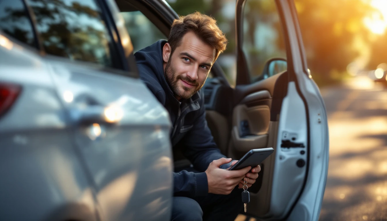 Automotive locksmith programming a transponder key at a vehicle steering column with a diagnostic tablet connected