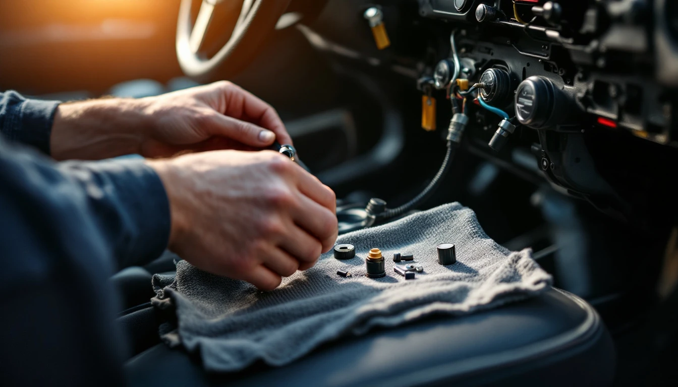 Jeep Grand Cherokee steering column ignition assembly and key fob during a mobile diagnostic visit in Fort Worth, Texas