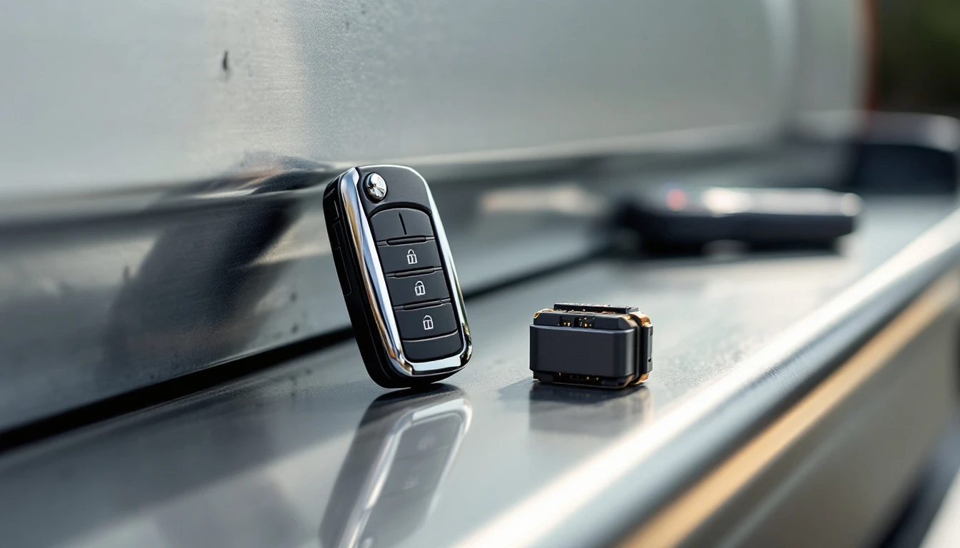 Ram truck key fob and RF Hub keyless module beside a scan tool during a programming session