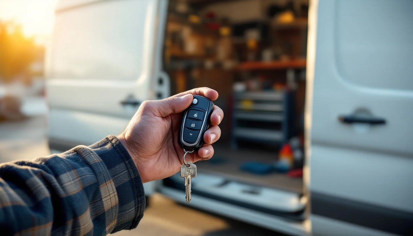Mobile locksmith cutting and programming a spare key for a white work van parked at a job site in Fort Worth, Texas
