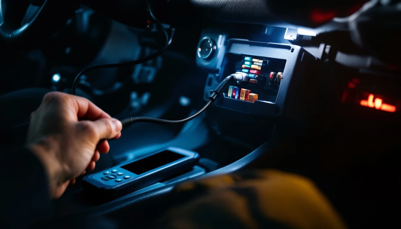Hand holding a diagnostic cable beside an open fuse panel under a car dashboard with a dark-screen scan tool resting nearby