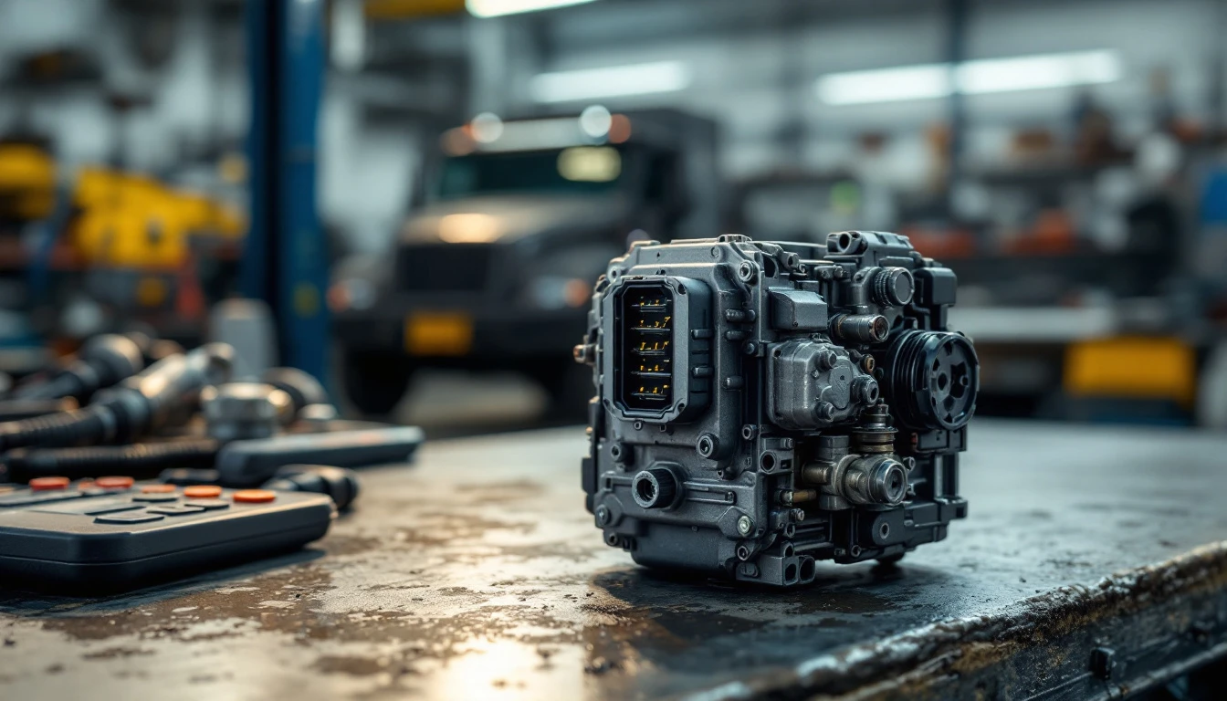 Transfer case control module on a truck workbench beside a scan tool during programming