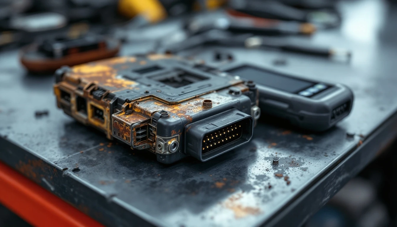 Used salvage-yard body control module beside a scan tool being reconfigured to a vehicle VIN