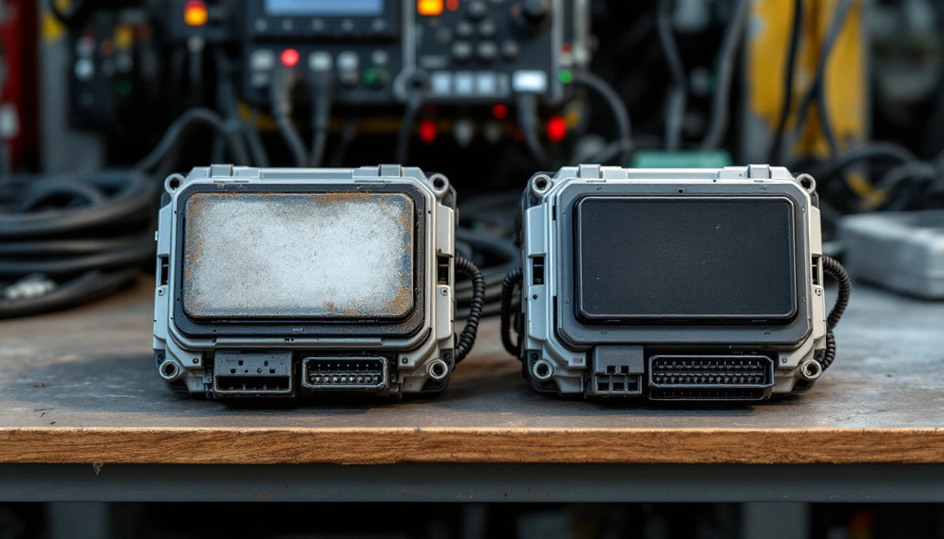 Transmission control module on a workbench beside a diagnostic laptop and a stable power supply
